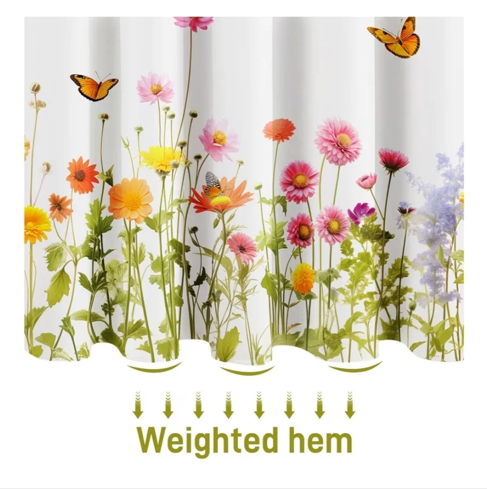 Floral Shower Curtain with Butterflies - White and Multicolor